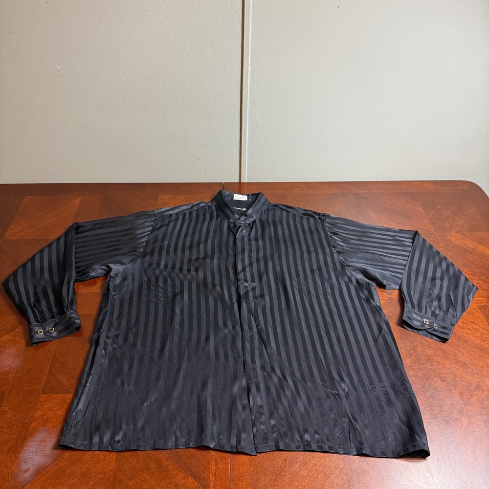 Genelli Black 100% Silk XXL Stripe Mandarin Collar Hidden Button Shirt Mens